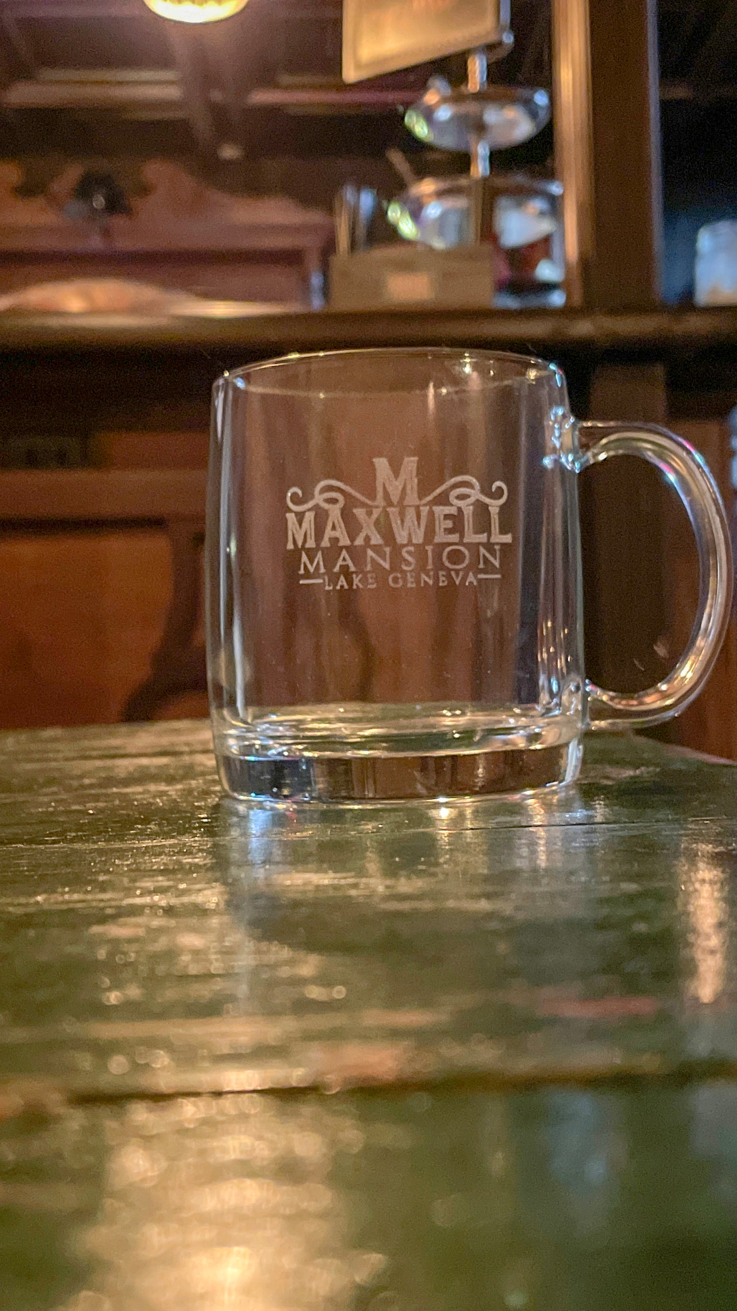 Glass Coffee Mug, 13oz, MM Logo Engraved