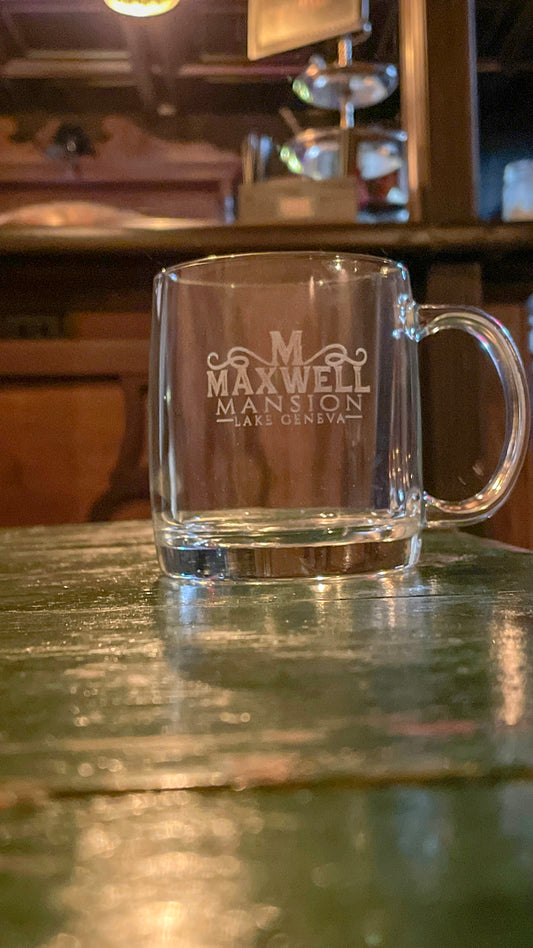 Glass Coffee Mug, 13oz, MM Logo Engraved